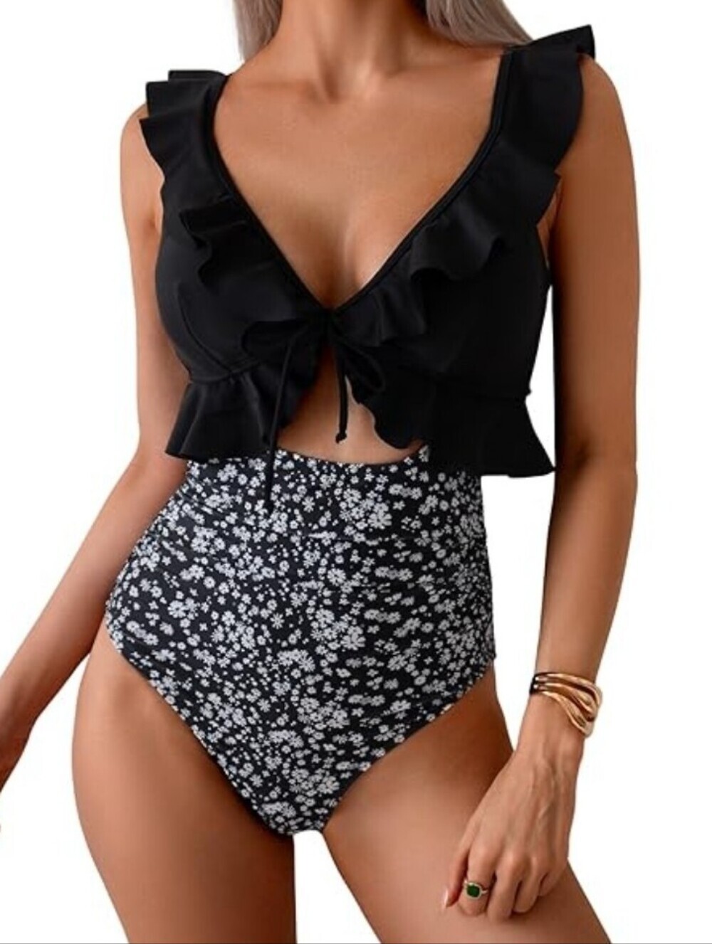 NWT Eo Menie Ruffle V-Neck Black Crop Swimsuit with Floral High-Waist Bottom